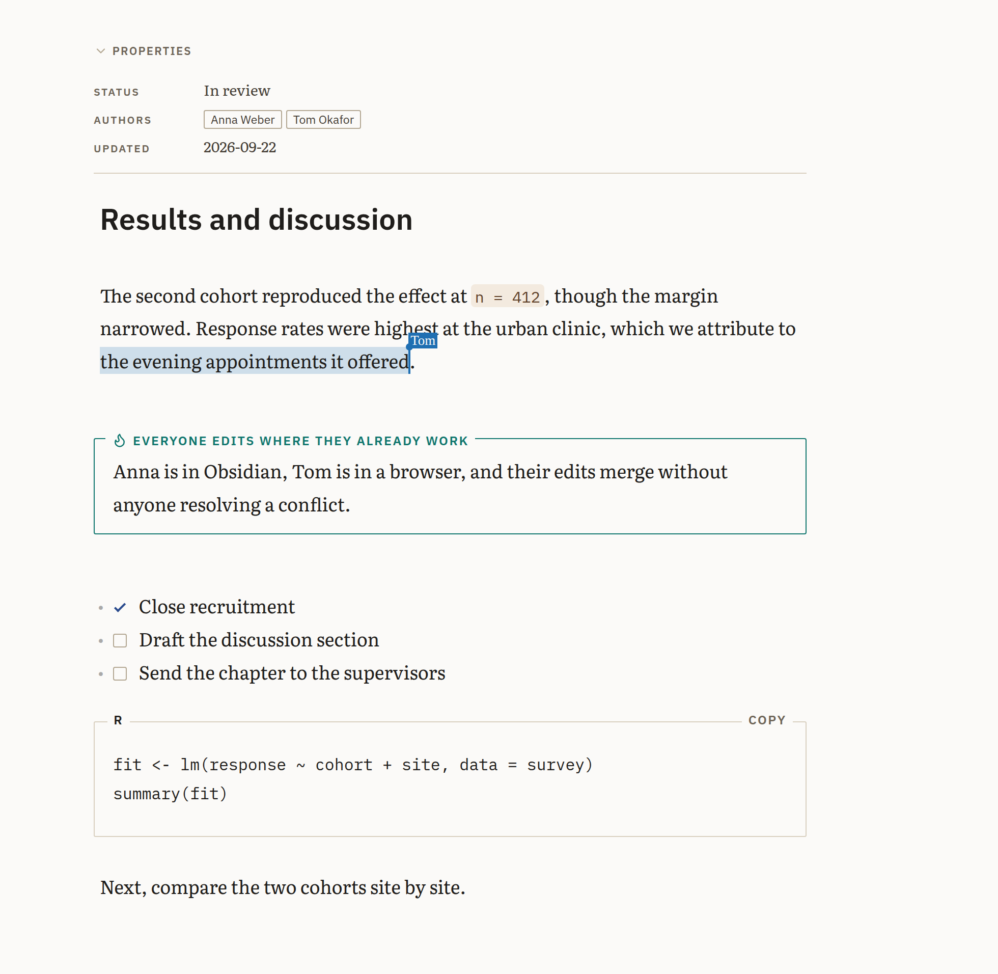 A note open in the Peerdraft web editor, with a collaborator's cursor