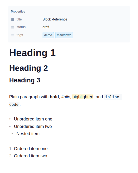 Common Markdown blocks, including the frontmatter Properties panel